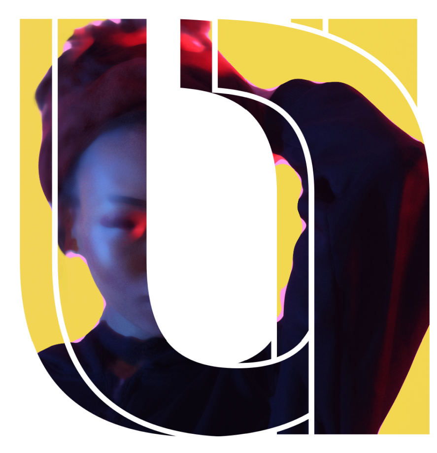 Portrait masked inside Common Unity logo shape with red and yellow lighting