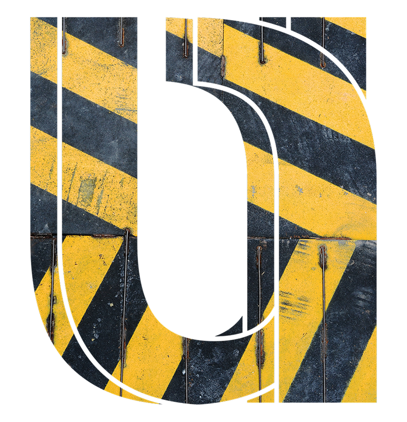 Common Unity logo shape filled with yellow and black hazard stripe texture