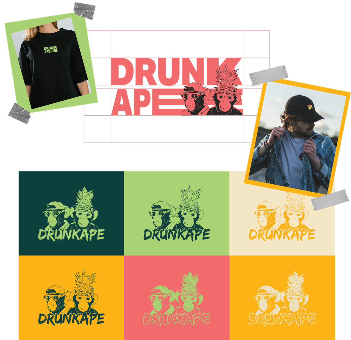 Drunk Ape logo variations, colour palette, and merchandise mockups