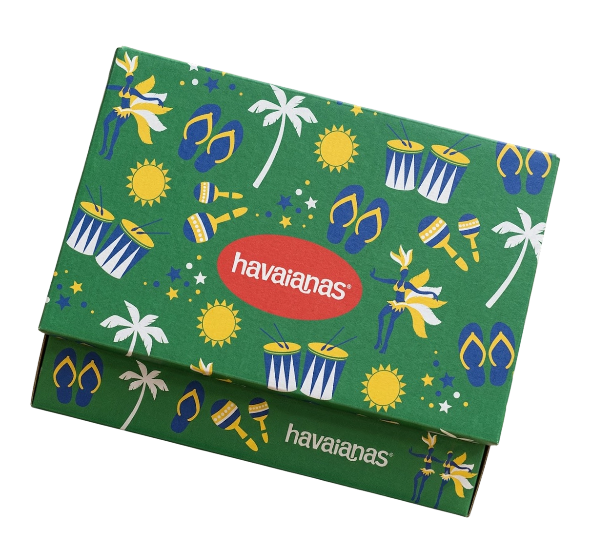 Havaianas Brazil Box packaging with carnival pattern on Brazilian flag-inspired background
