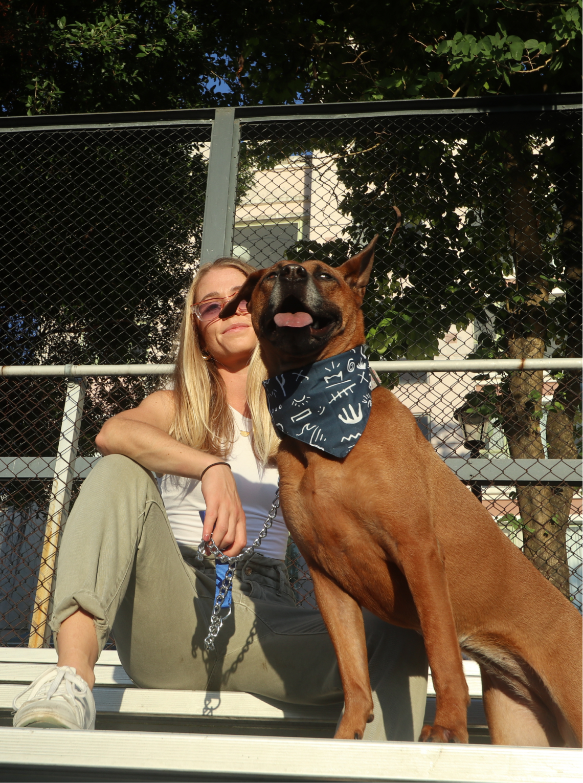 Woman with a brown dog wearing a navy Scruff bandana on bleachers