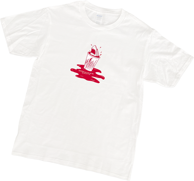 White t-shirt with red Somewhere South chest graphic