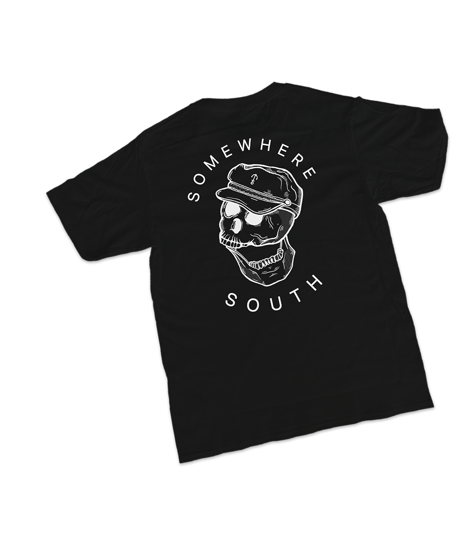 Black t-shirt with Somewhere South skull captain graphic